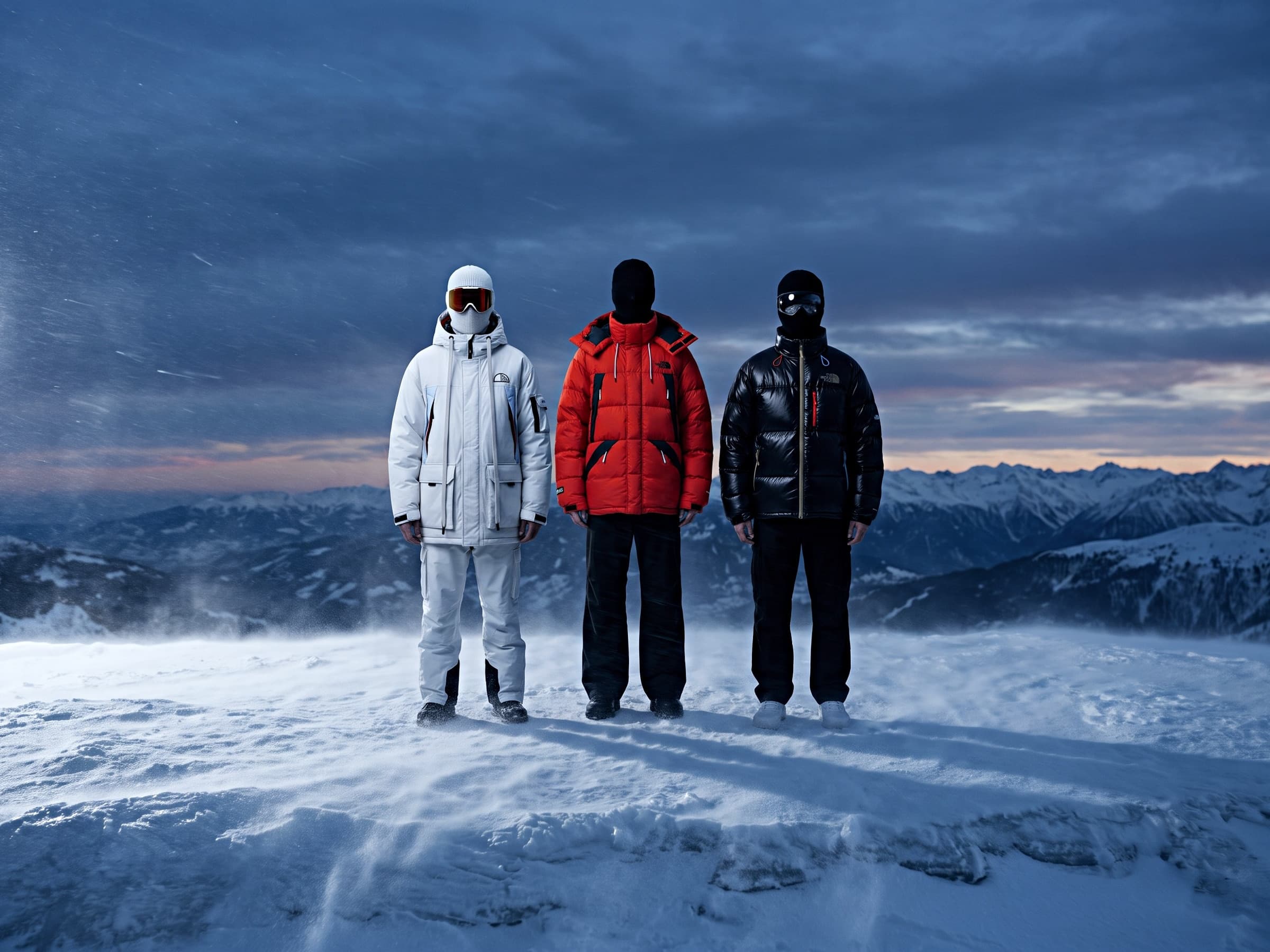 Three people in white, red and black down jackets standing on a snowy ridge at dusk