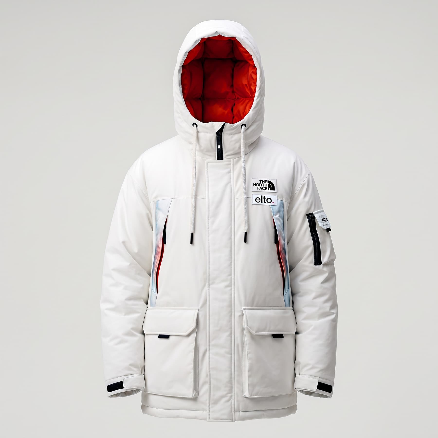 White hooded down parka with an orange lining and embroidered The North Face and elto. patches