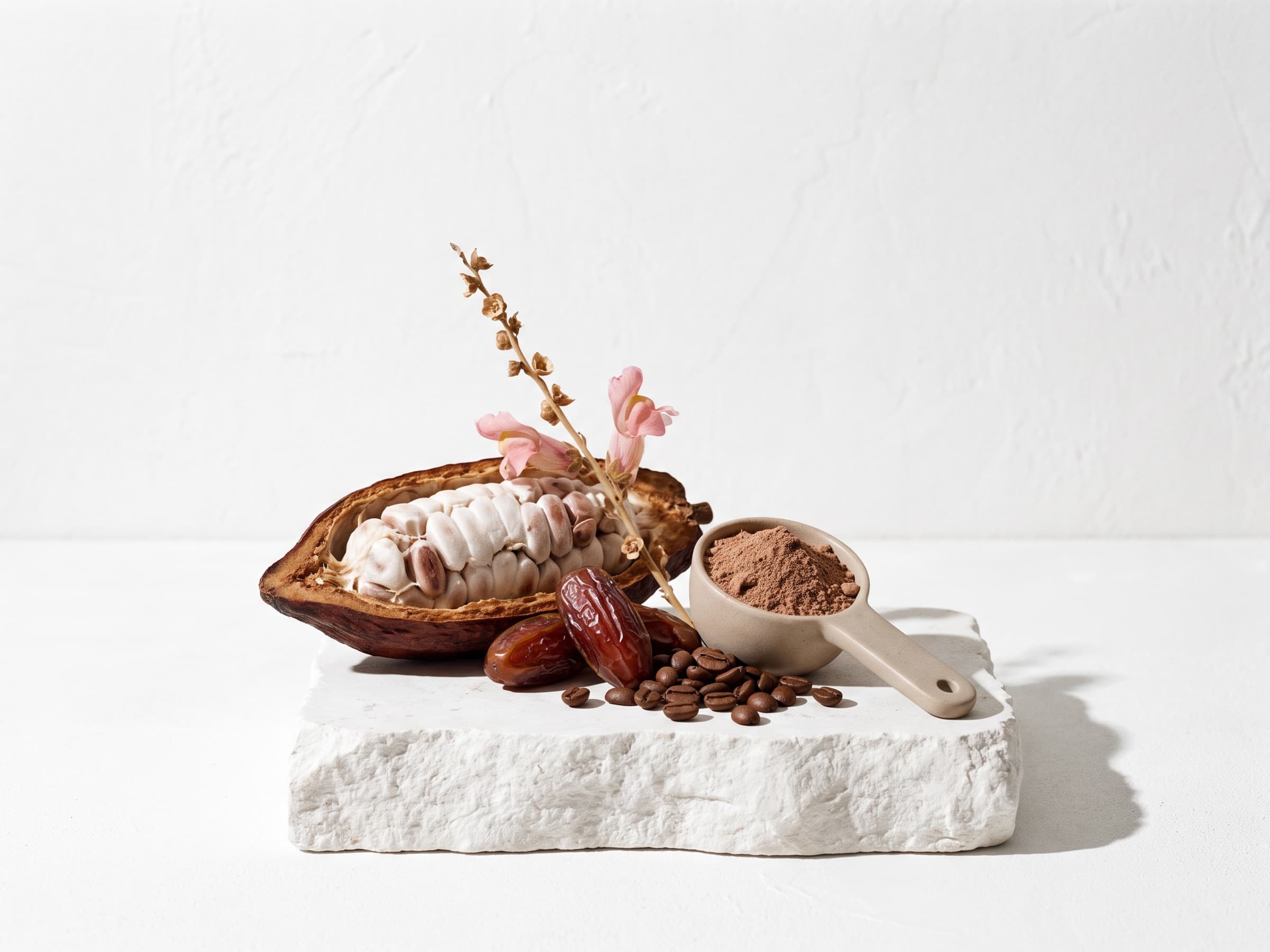 Still life of a split cacao pod, dates, coffee beans and a scoop of protein powder on a stone plinth