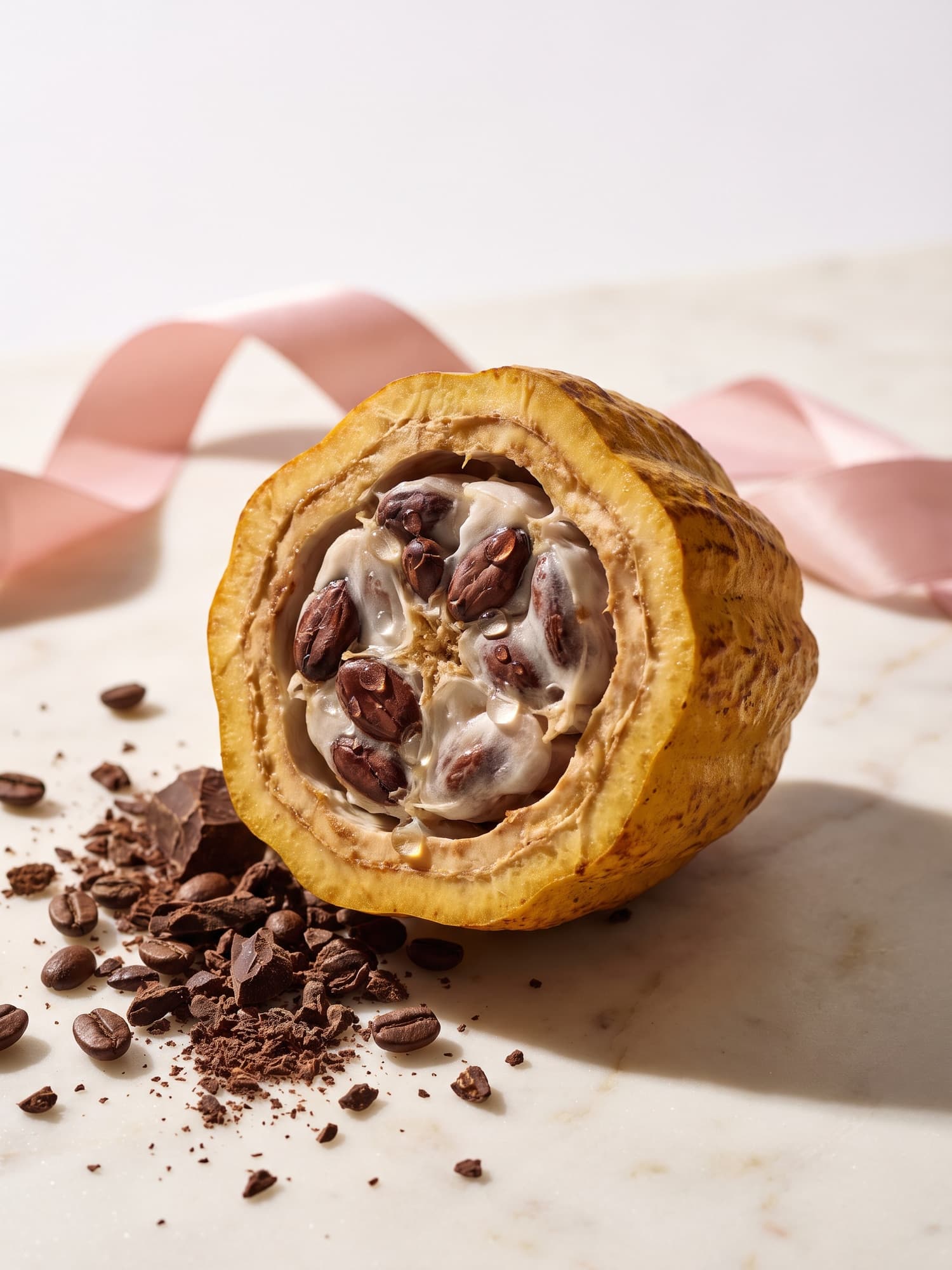 Macro of an open cacao pod with white pulp and beans
