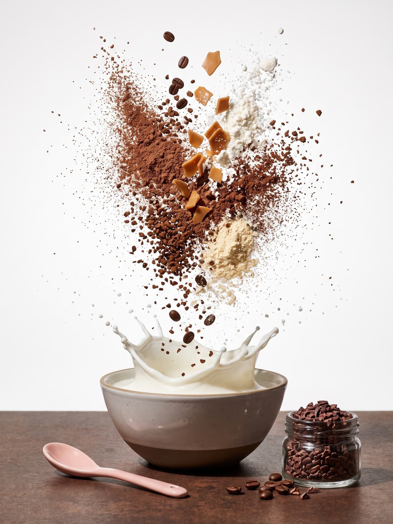 Cacao and protein powder bursting above a bowl with a milk crown