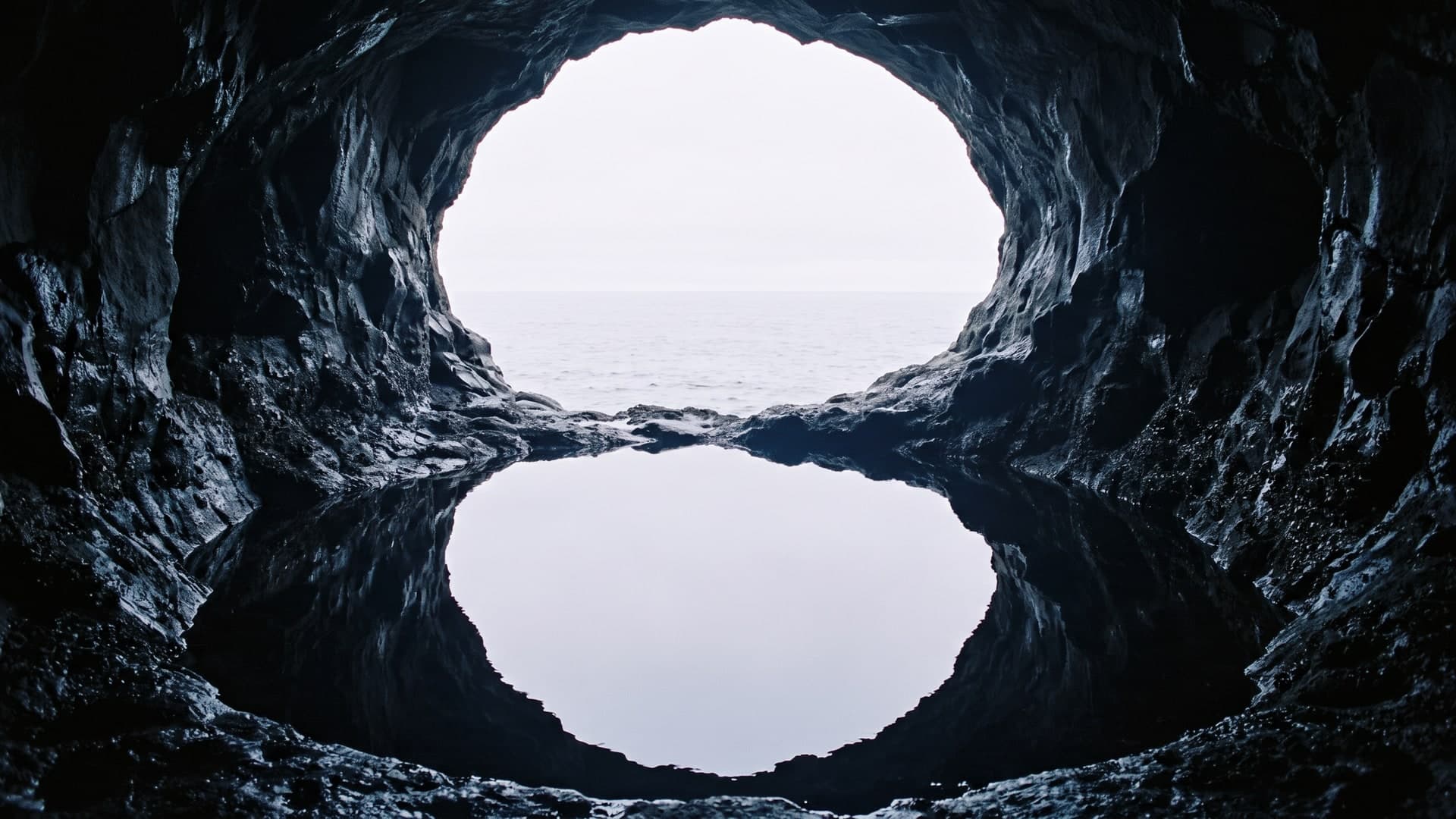Inside a black basalt sea cave: a round opening onto a pale sea, reflected in a still pool on the cave floor