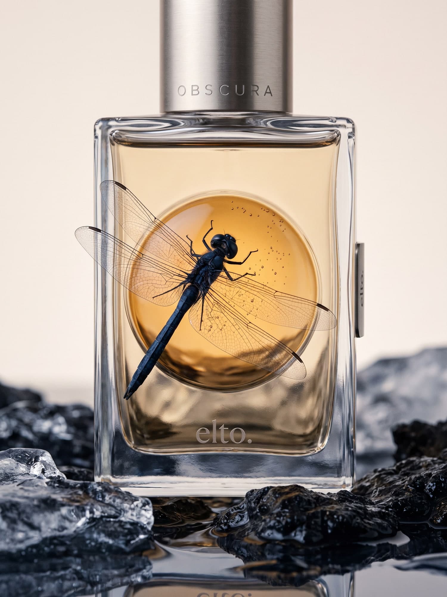Macro: a dragonfly resting on the amber bottle over its round lens
