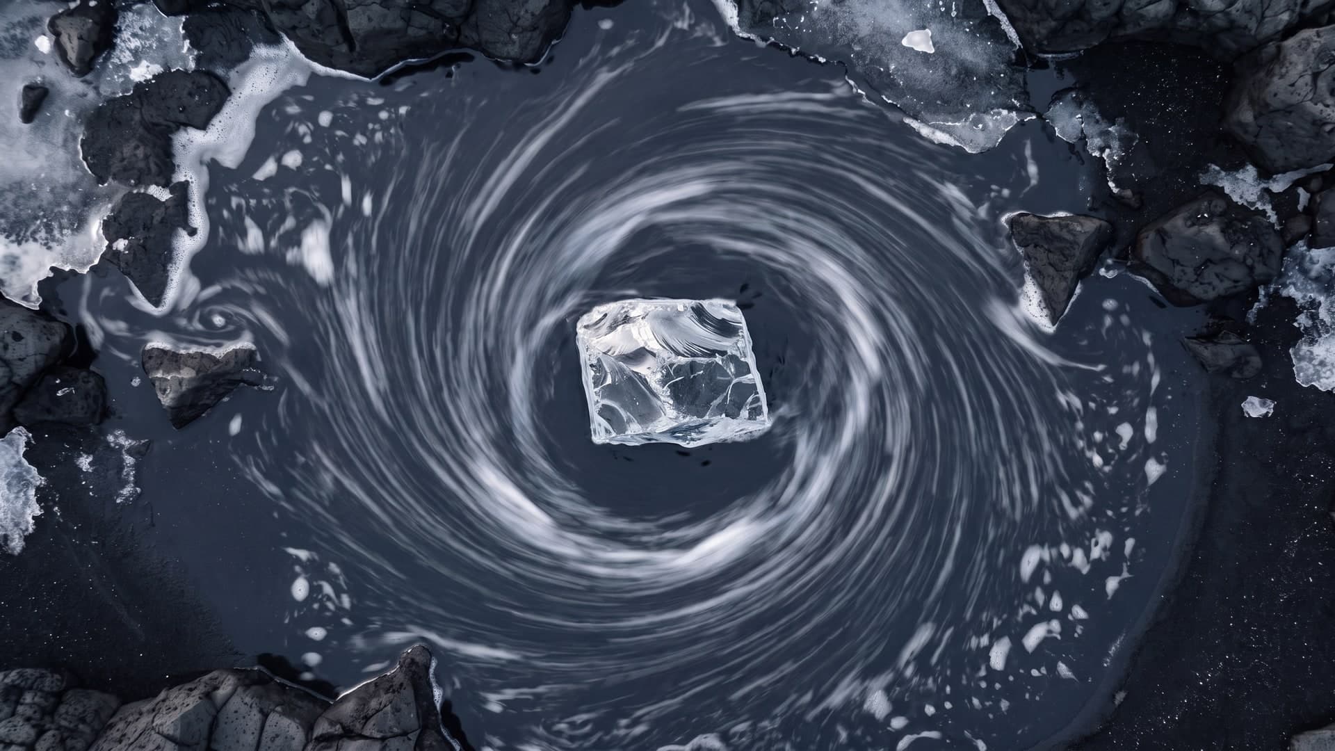 A raw chunk of optical glass at the centre of a slow water vortex on black volcanic sand, seen from above