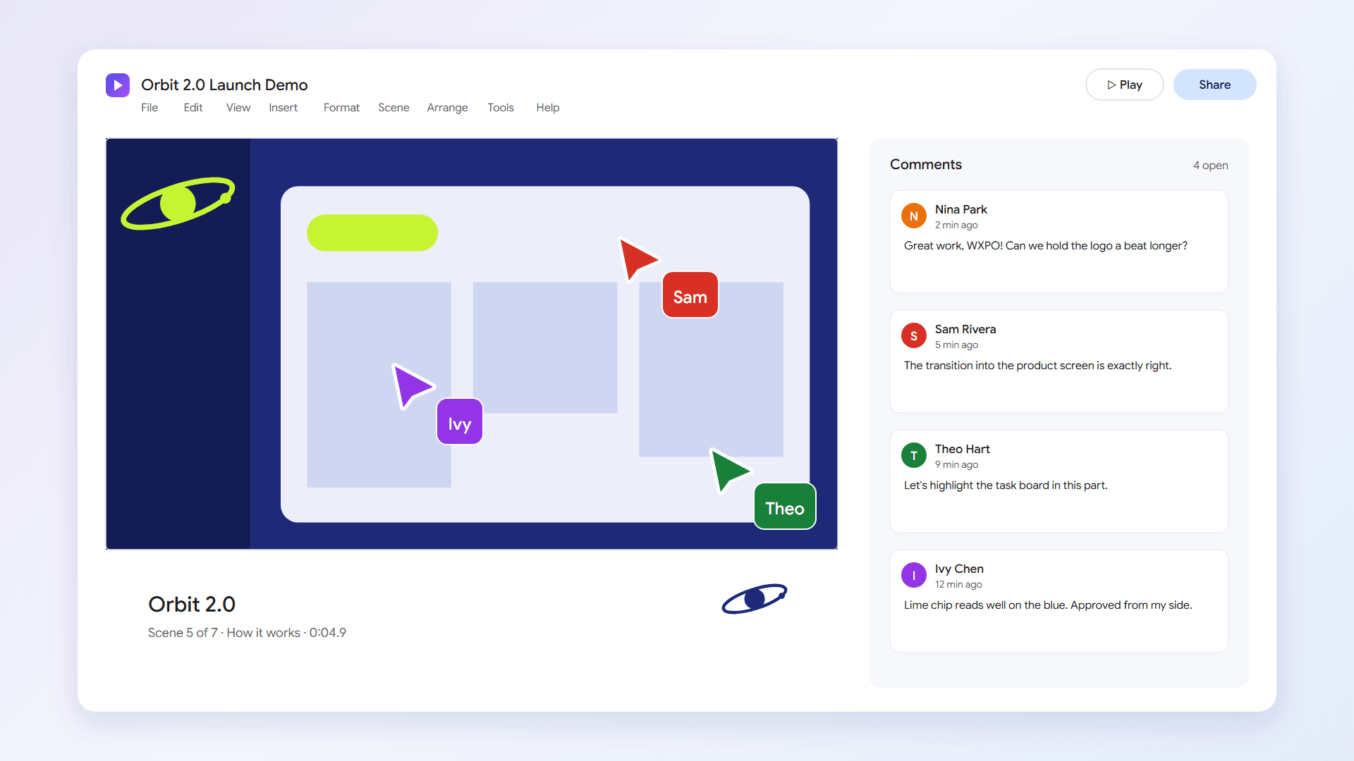 Orbit 2.0 editor with three collaborators' cursors and the comment thread