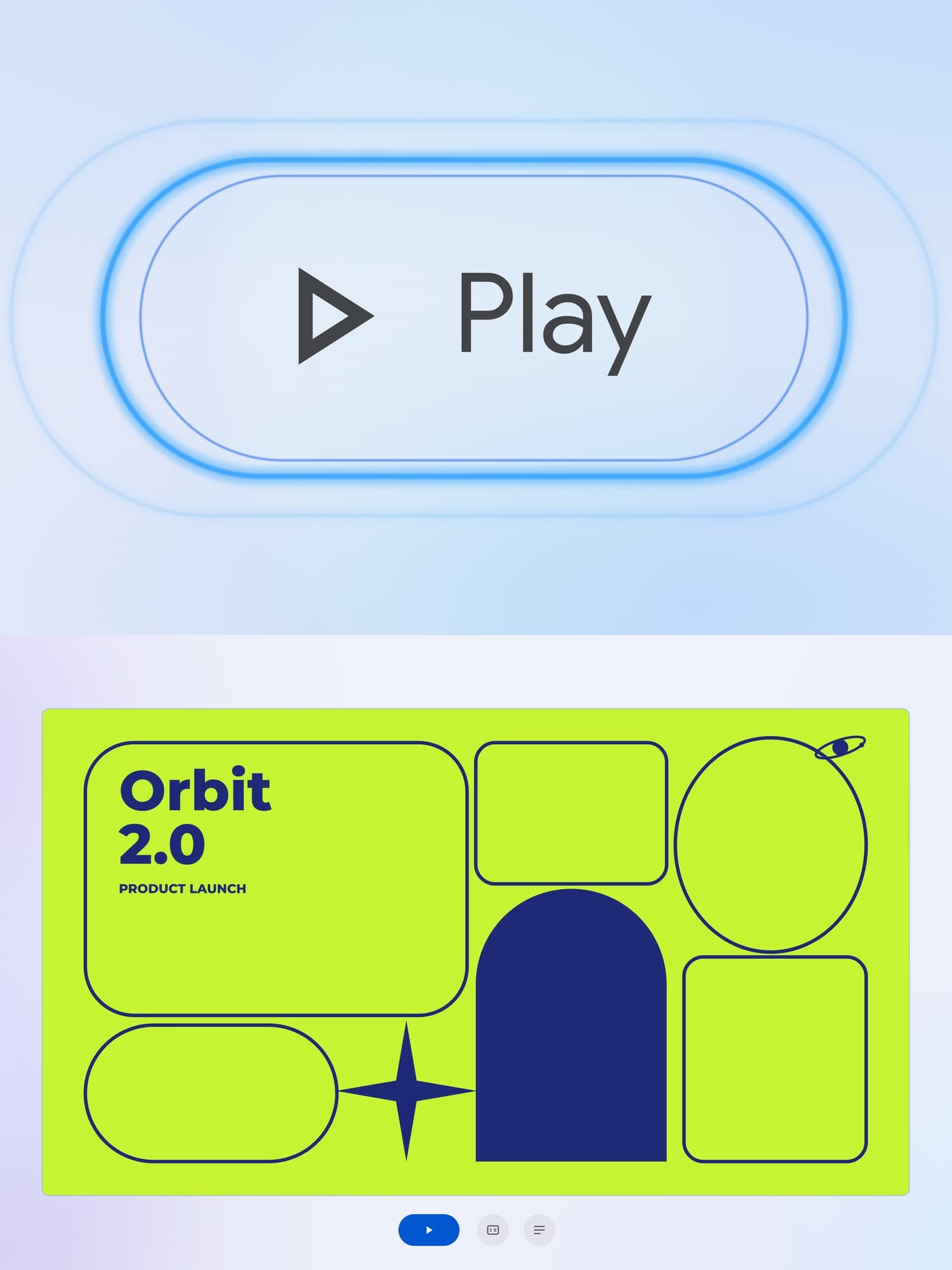 Motion study: the play button's echo rings and a style card in mid-zoom